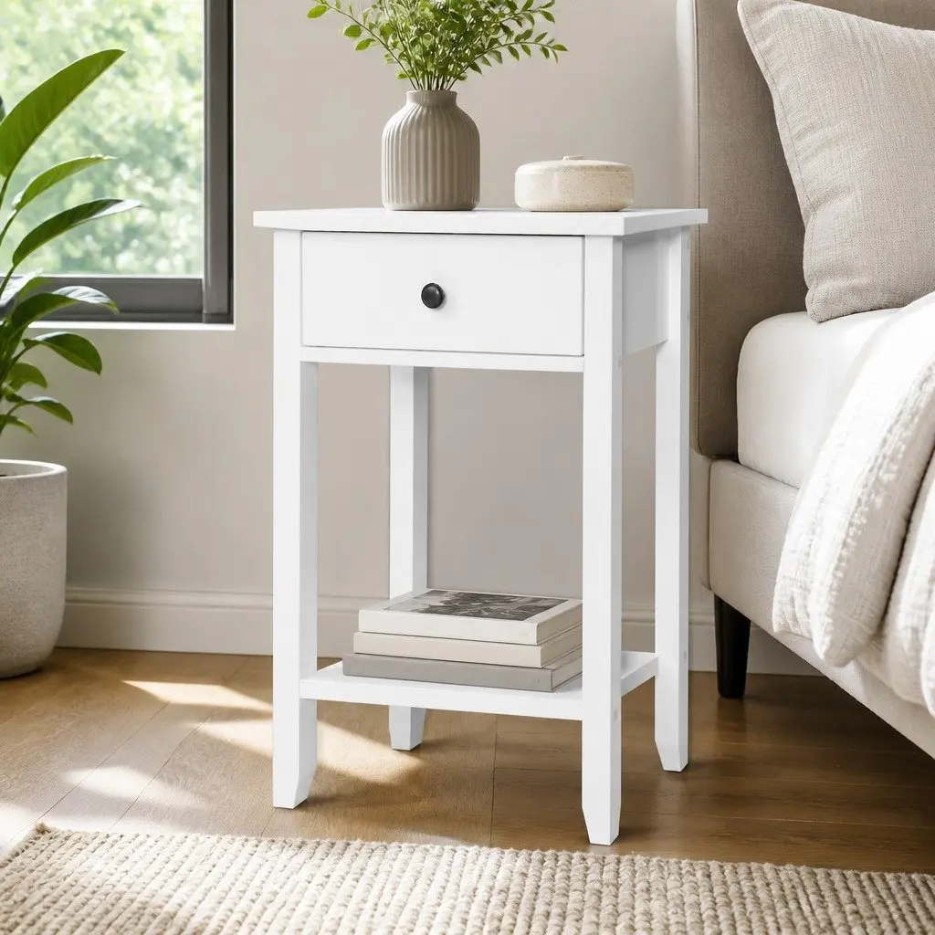 Bedside Table 1 Drawer with Shelf White Compact Storage Nightstand