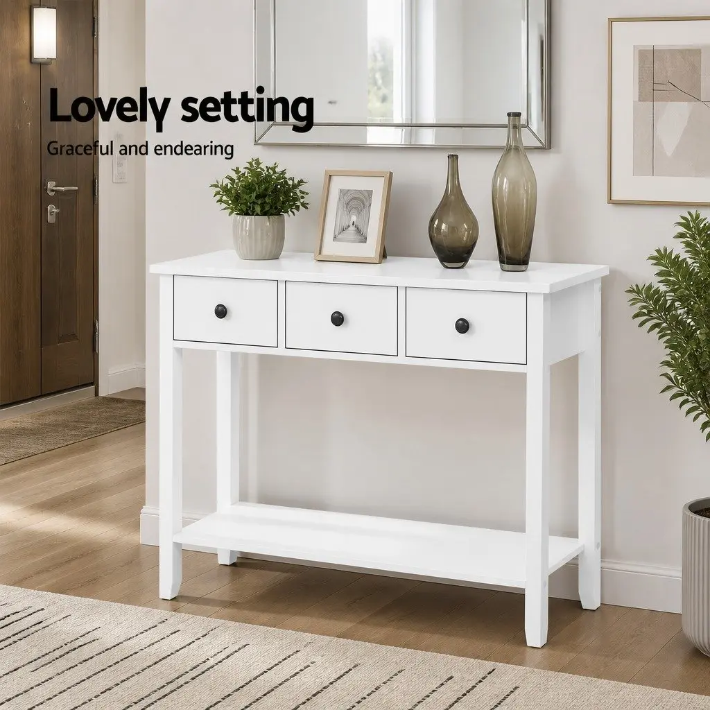 Console Table 100CM White Three Drawers Vintage Style Metal Handles Storage Furniture