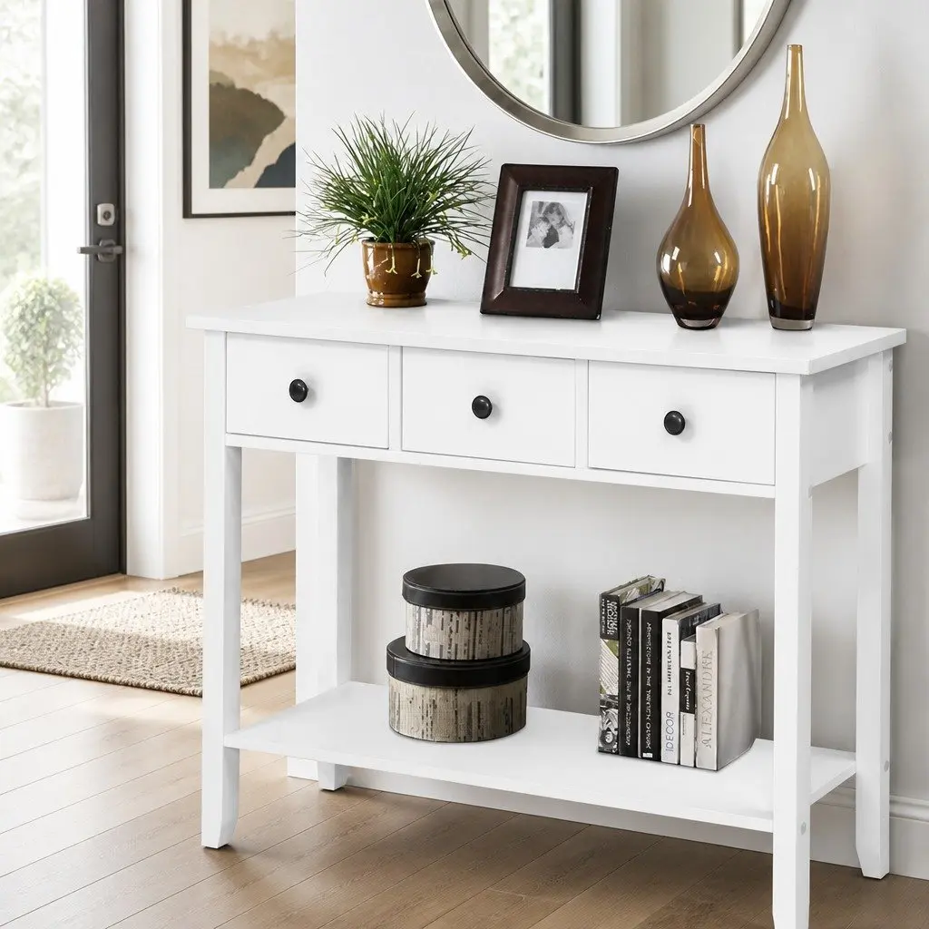 Console Table 100CM White Three Drawers Vintage Style Metal Handles Storage Furniture