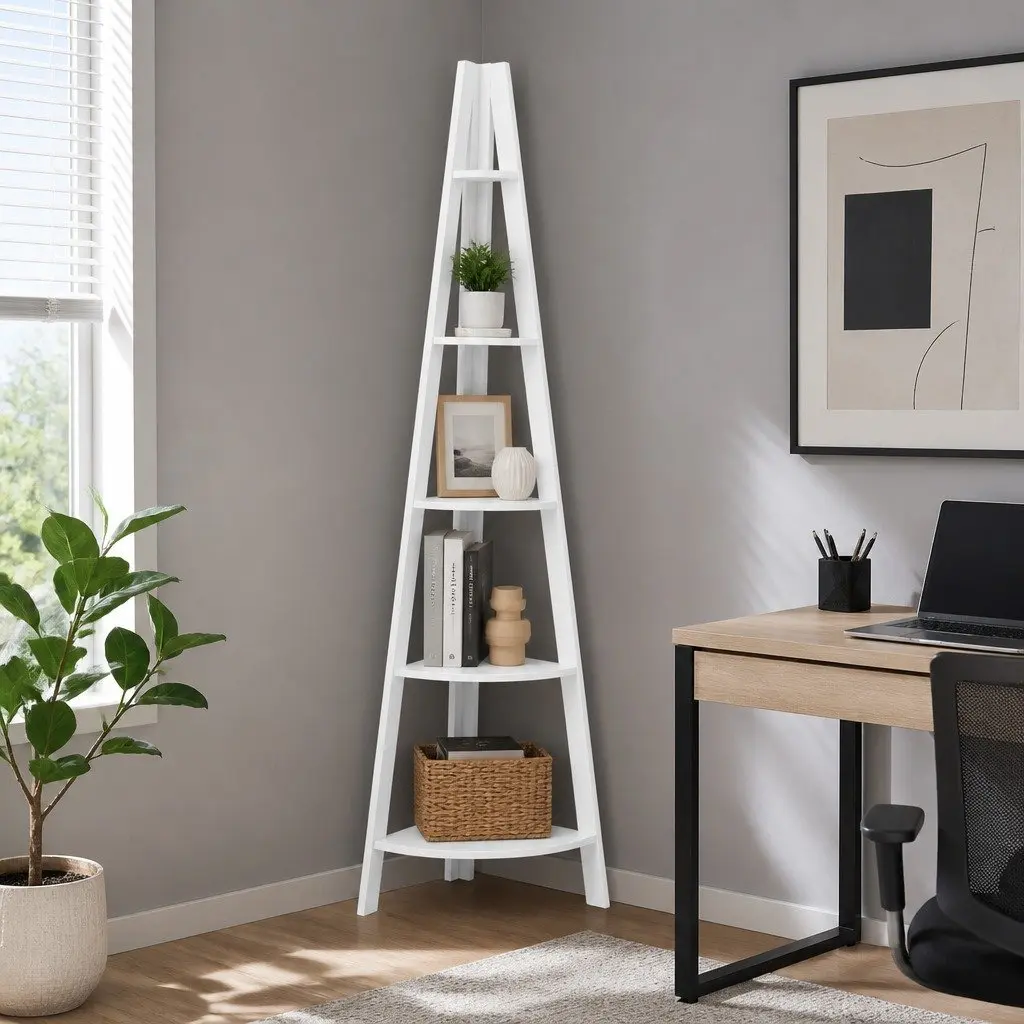 Corner Ladder Shelf 5 Tier White Freestanding Storage Display Stand for Living Room