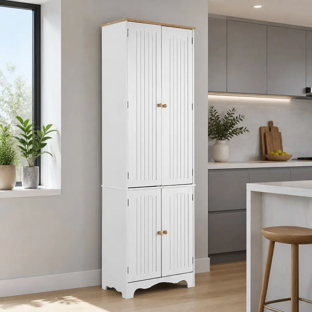 Tall Cupboard 60cm White Four Doors Six Tiers Shelving Storage Cabinet