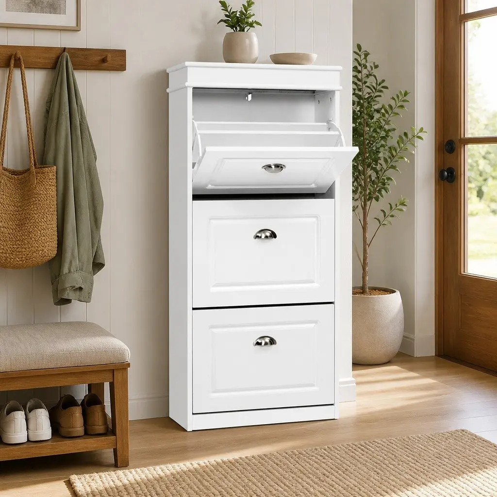 Shoe Rack Cabinet 3-Tier White Storage Organiser Holds Up to 18 Pairs Adjustable