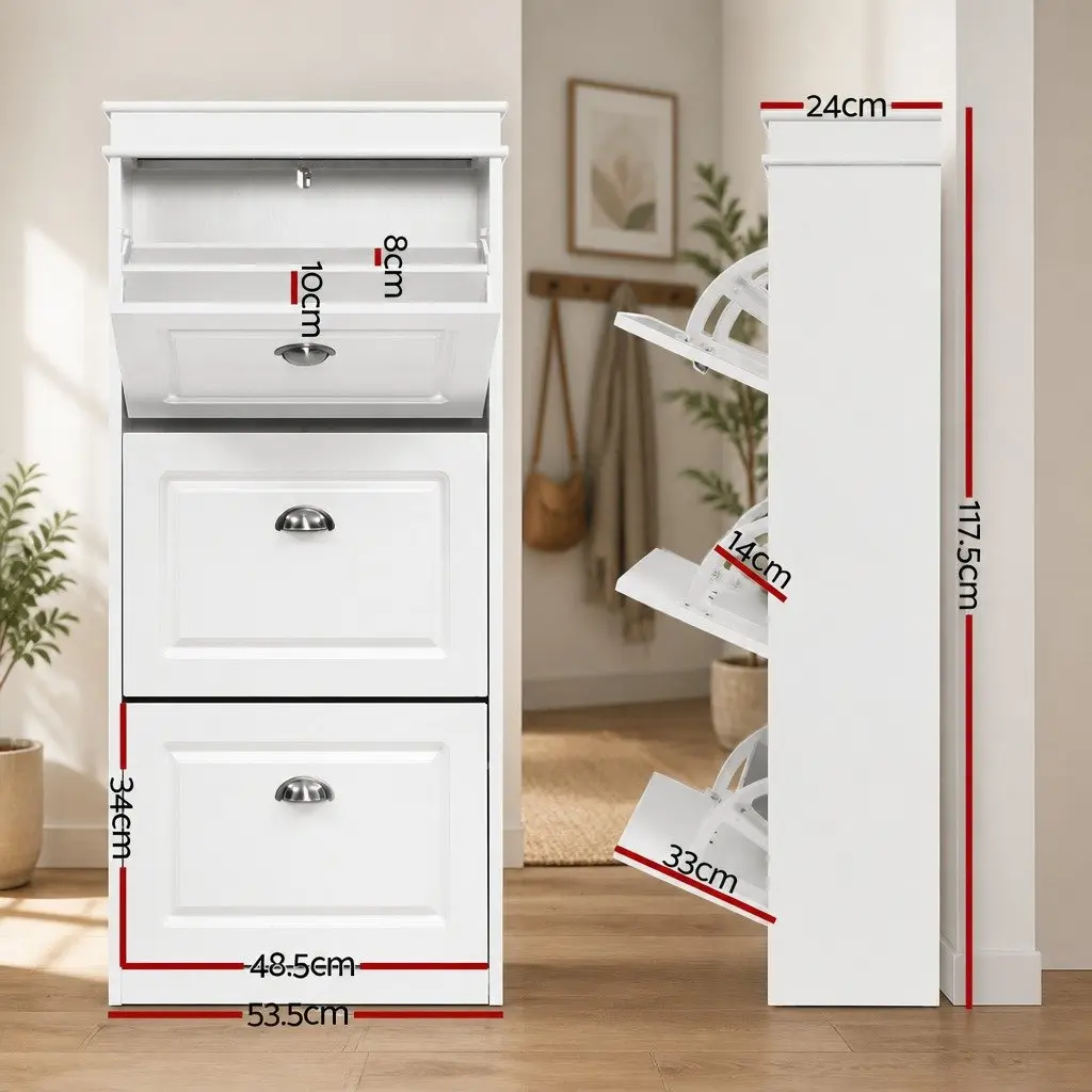 Shoe Rack Cabinet 3-Tier White Storage Organiser Holds Up to 18 Pairs Adjustable