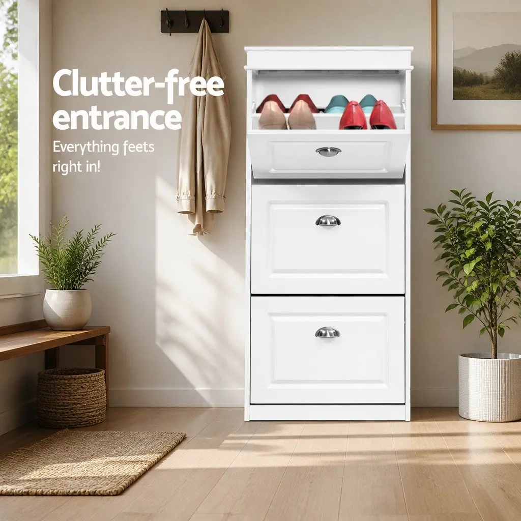 Shoe Rack Cabinet 3-Tier White Storage Organiser Holds Up to 18 Pairs Adjustable