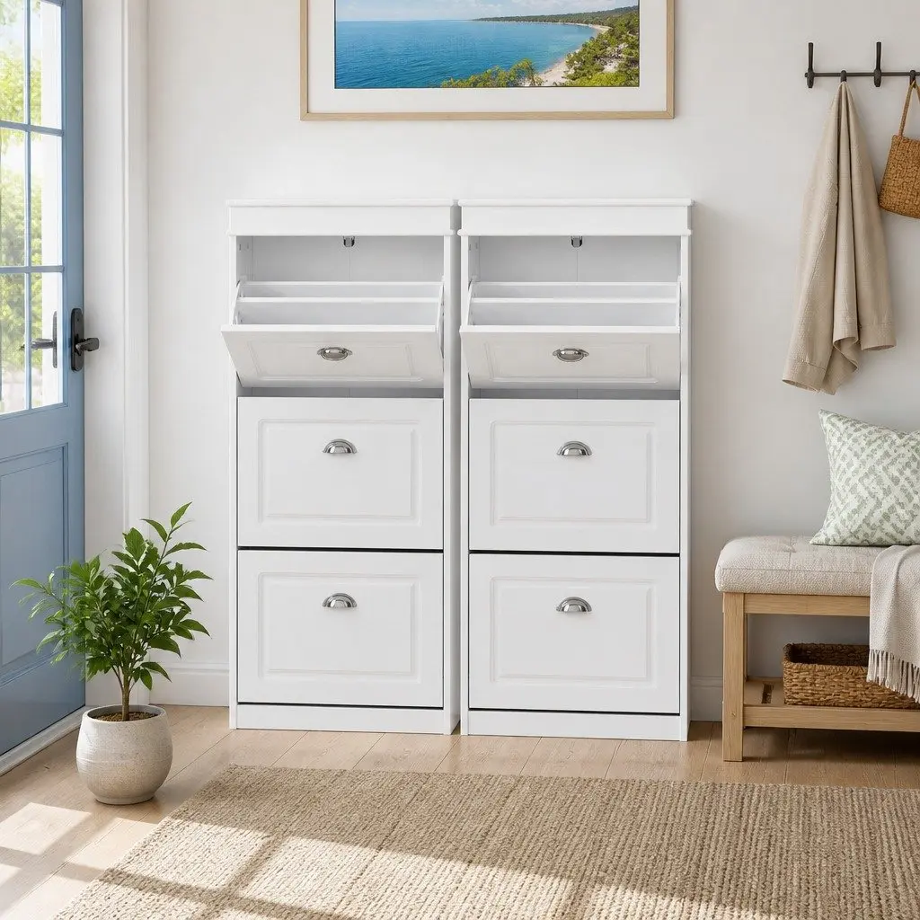Shoe Storage Cabinet 2 Piece Set White Freestanding with 3 Flip Drawers and Adjustable Shelves