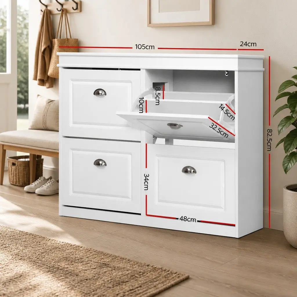 Shoe Storage Cabinet White 4-Tier Adjustable Shelves Organiser for Footwear