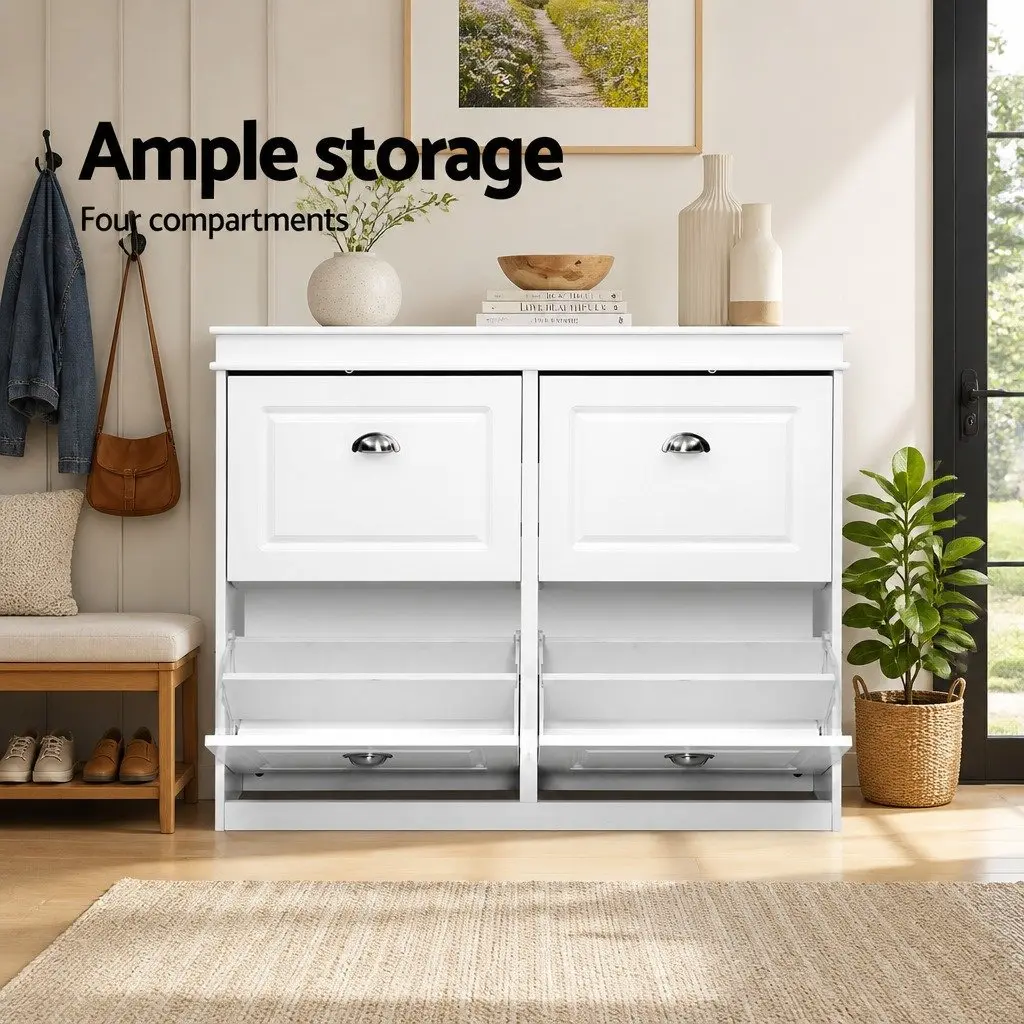 Shoe Storage Cabinet White 4-Tier Adjustable Shelves Organiser for Footwear