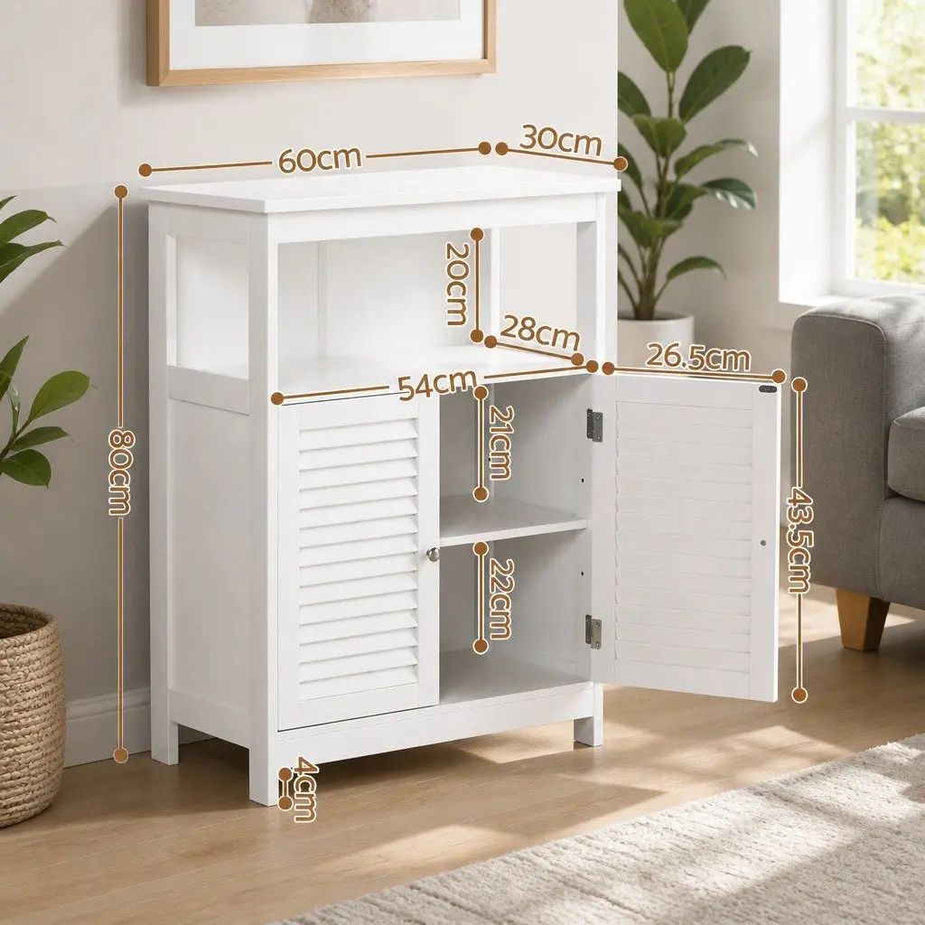 Louvred Door Buffet Cabinet Set of 2 White Storage Cupboard with Open Shelf for Kitchen and Dining Room