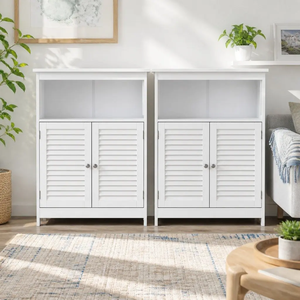 Louvred Door Buffet Cabinet Set of 2 White Storage Cupboard with Open Shelf for Kitchen and Dining Room
