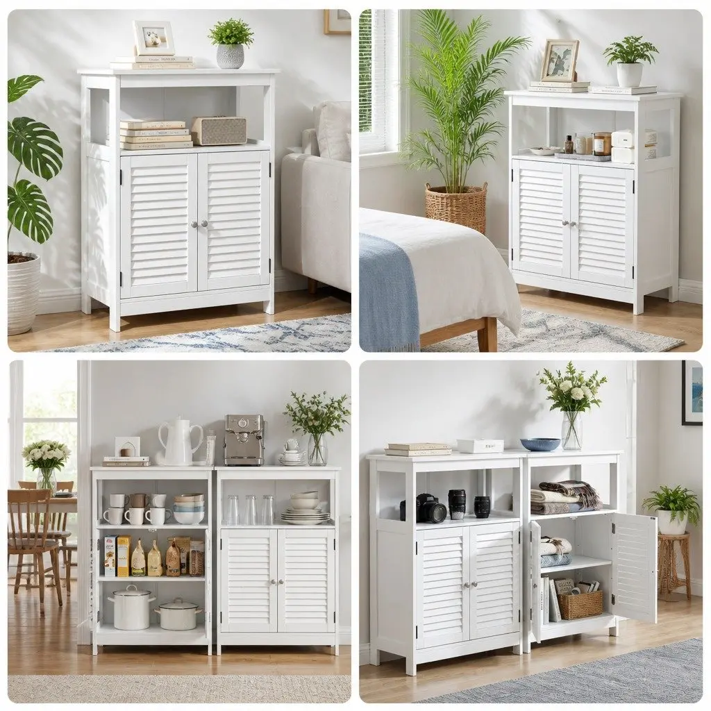 Louvred Door Buffet Cabinet Set of 2 White Storage Cupboard with Open Shelf for Kitchen and Dining Room