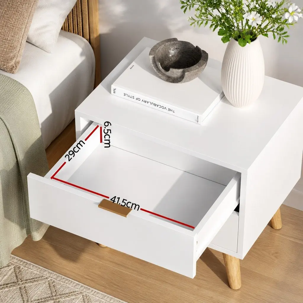 Bedside Table 2 Drawers White Bedroom Storage Nightstand with Aluminium Handles