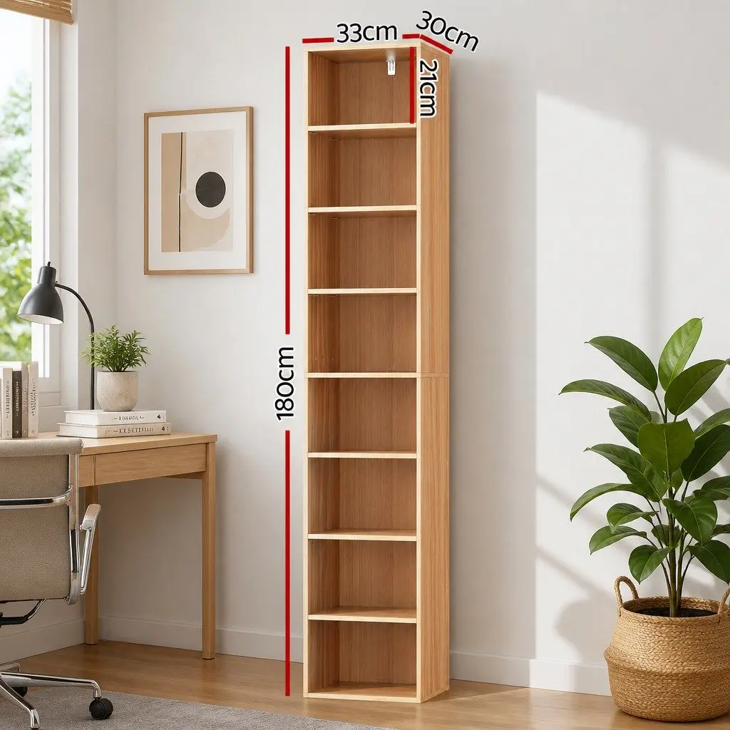 8-Tier Bookshelf Storage Shelving Unit Adjustable Removable Shelves Pine