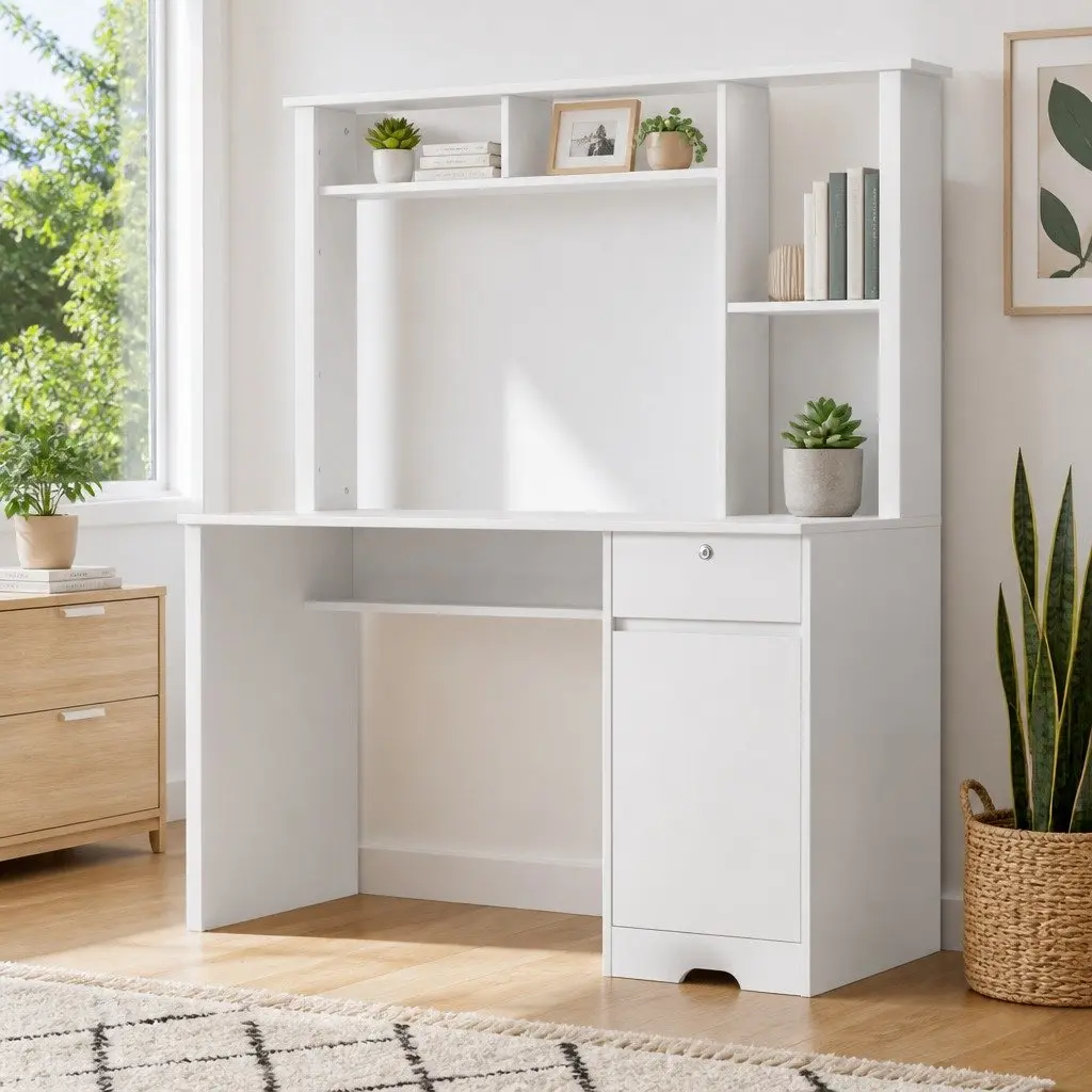 Computer Desk White Spacious Desktop Storage Drawer Bookshelf Cabinet