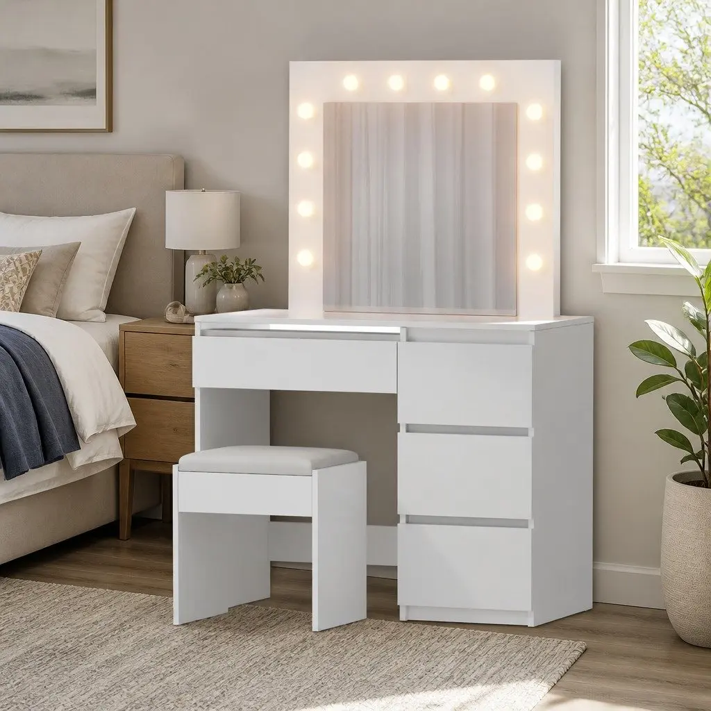 LED Dressing Table with Mirror 94cm White 12 Bulbs Adjustable Brightness Four Drawers Soft Padded Stool