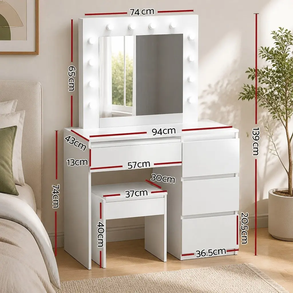 LED Dressing Table with Mirror 94cm White 12 Bulbs Adjustable Brightness Four Drawers Soft Padded Stool
