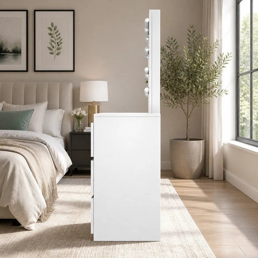 LED Dressing Table with Mirror 94cm White 12 Bulbs Adjustable Brightness Four Drawers Soft Padded Stool