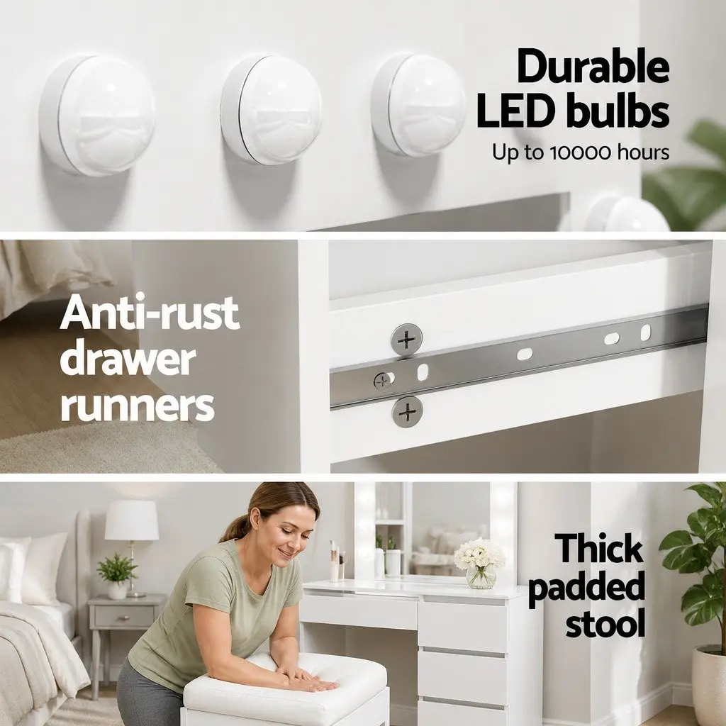LED Dressing Table with Mirror 94cm White 12 Bulbs Adjustable Brightness Four Drawers Soft Padded Stool