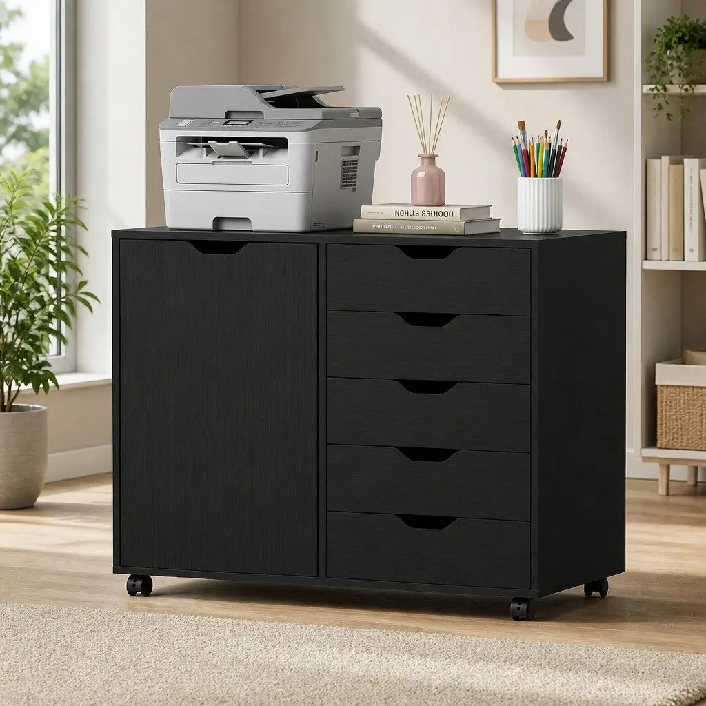 5 Drawer Mobile Filing Cabinet with Door Black Storage Unit for Home Office Organization