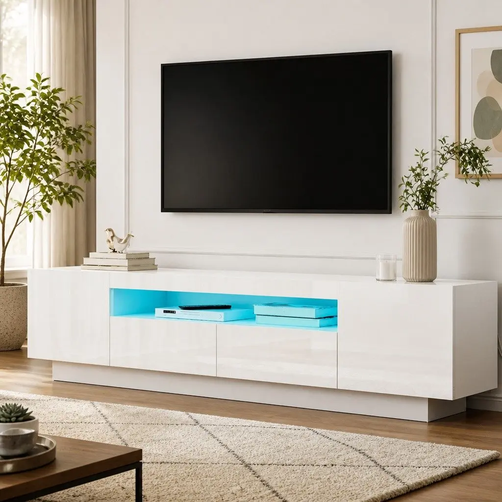 TV Entertainment Unit 180cm White 2 Drawers RGB LED Lighting
