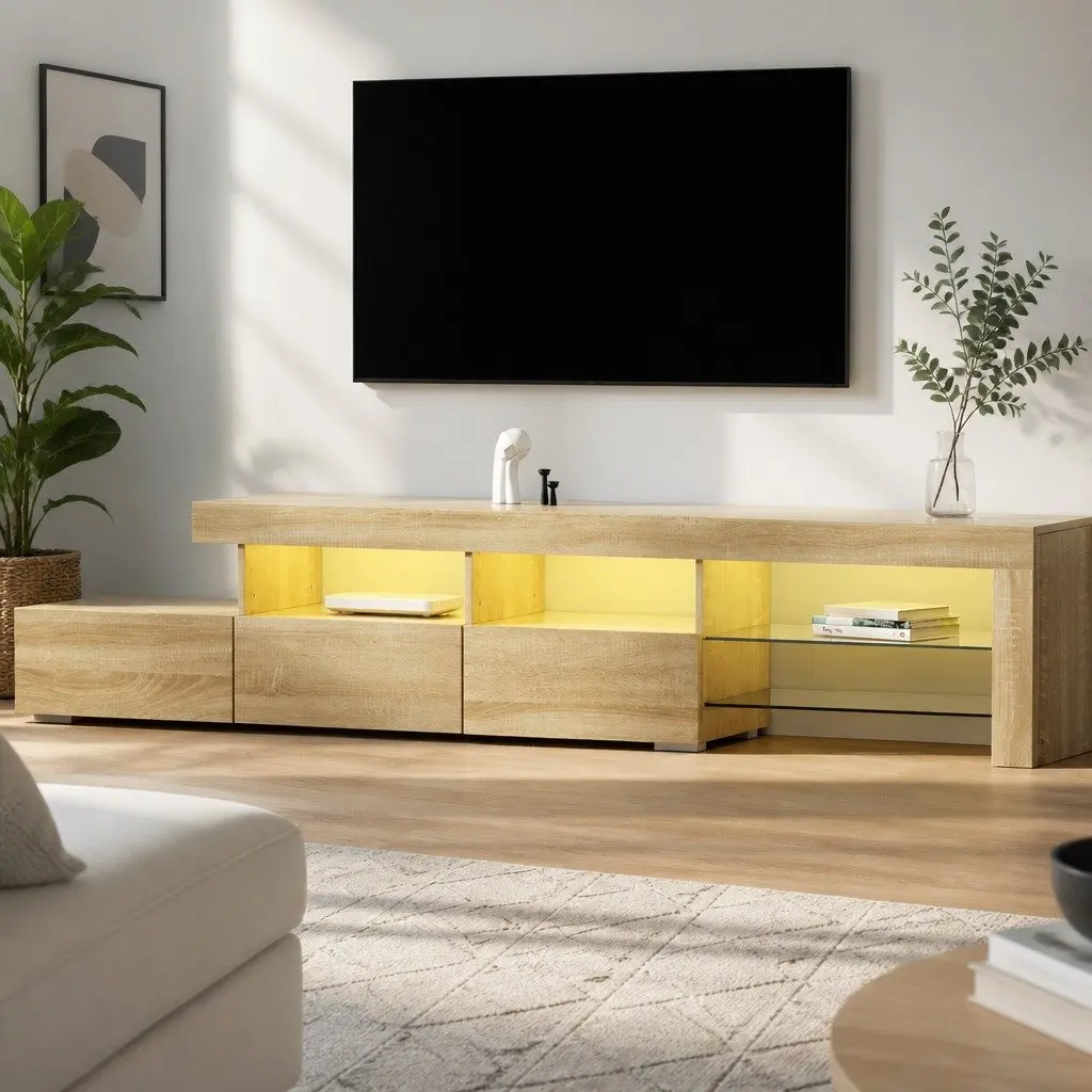 Entertainment Unit 215cm LED RGB Pine Wood Storage Display Cabinet