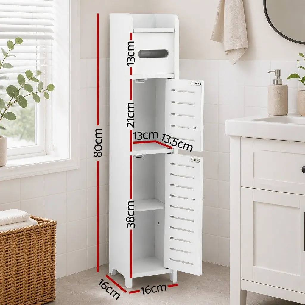 Slim Bathroom Storage Cabinet White 3-Tier Freestanding Unit with Integrated Toilet Paper Holder and Adjustable Shelf for Small Spaces