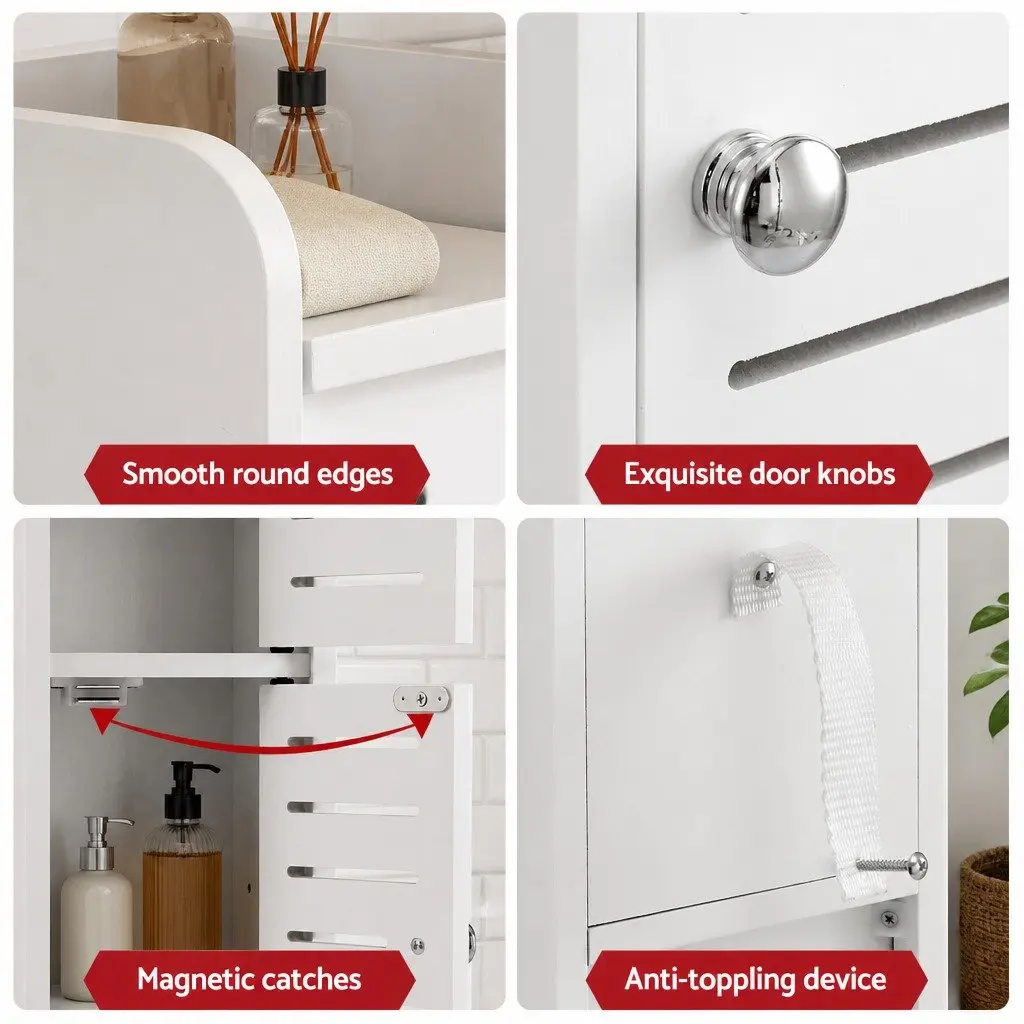 Slim Bathroom Storage Cabinet White 3-Tier Freestanding Unit with Integrated Toilet Paper Holder and Adjustable Shelf for Small Spaces