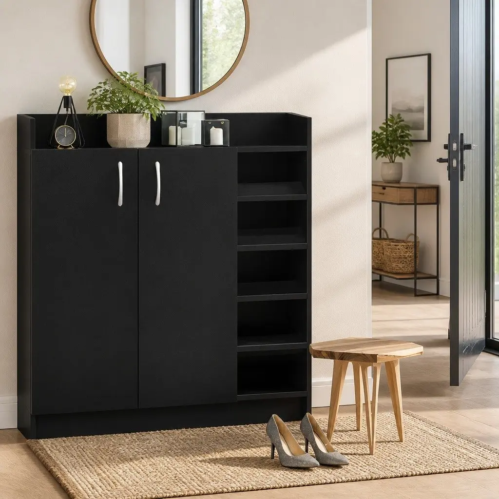 Shoe Rack Cabinet 21 Pairs Storage Black Contemporary Design Adjustable Shelves