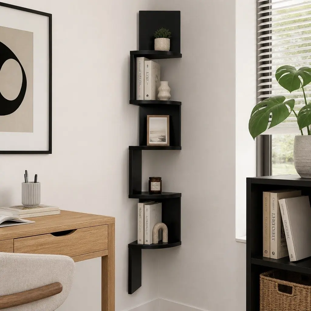 Wall Shelf Corner Floating 5-Tier Bookcase Storage Living Room Bedroom Kitchen