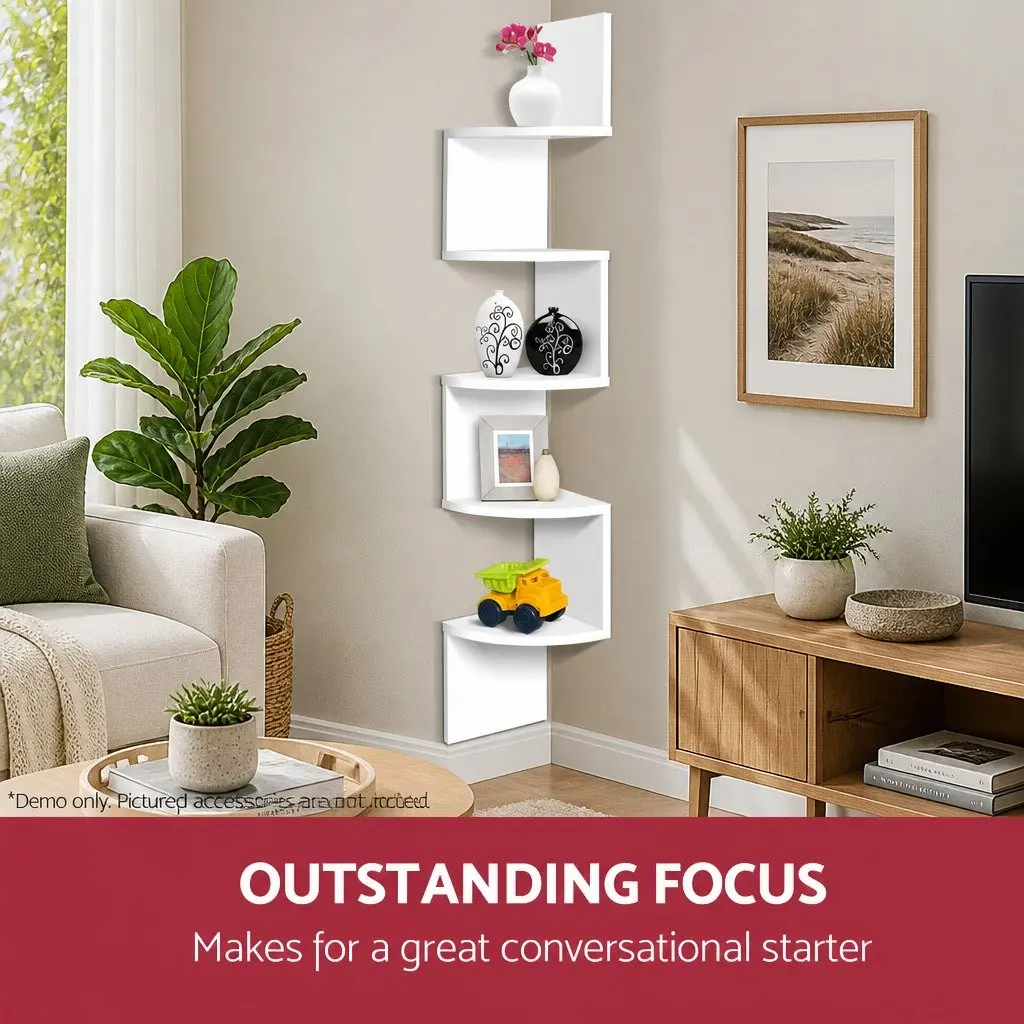 5-Tier White Corner Floating Shelf Unit for Wall Storage and Display