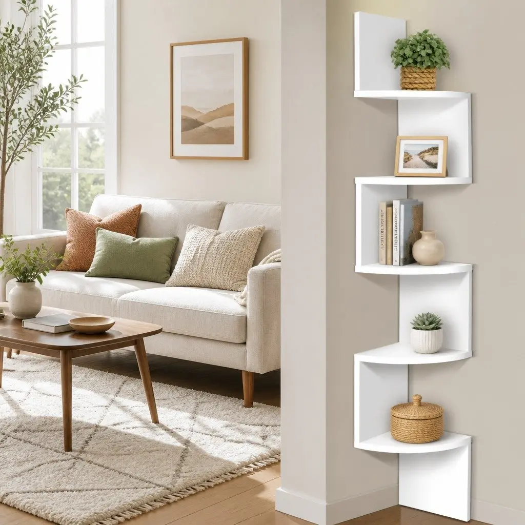 5-Tier White Corner Floating Shelf Unit for Wall Storage and Display