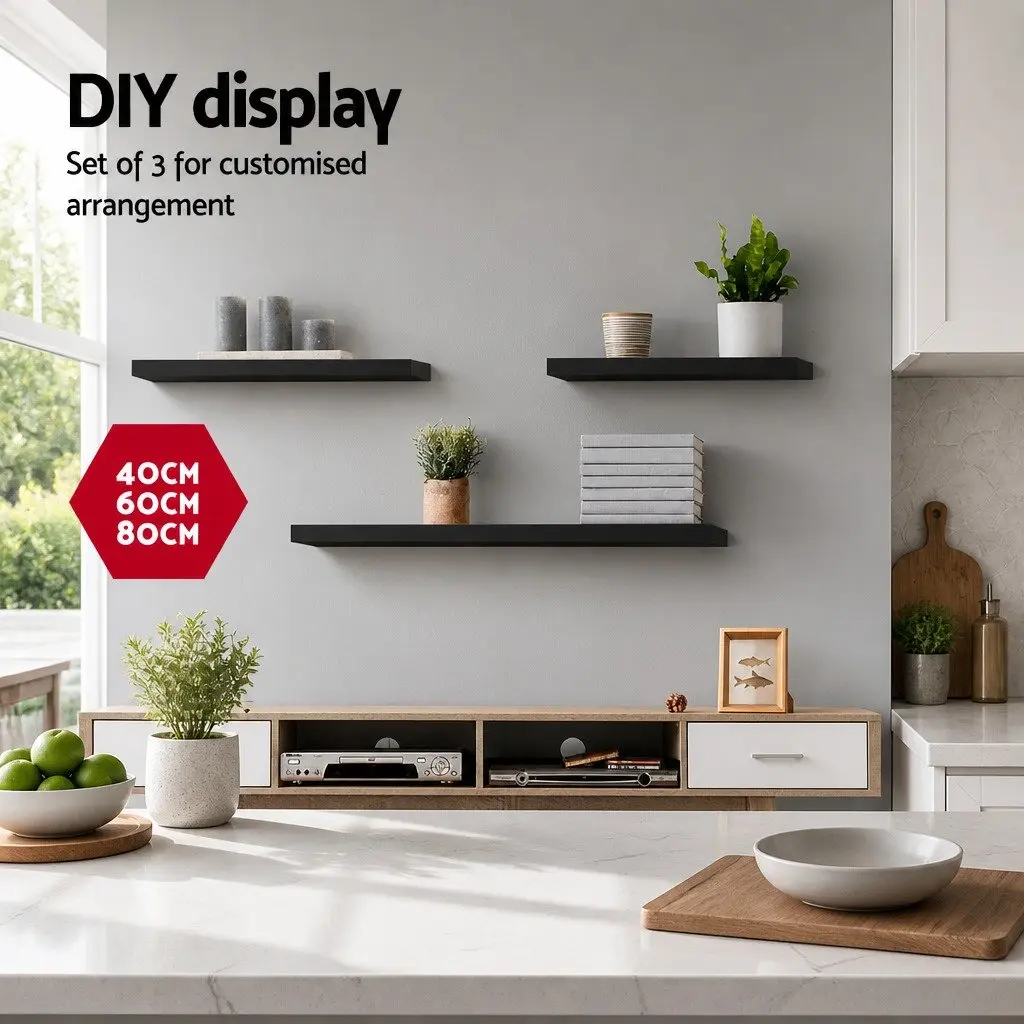 Floating Wall Shelf Set of 3 Black Display Storage for Books Photos Home Office
