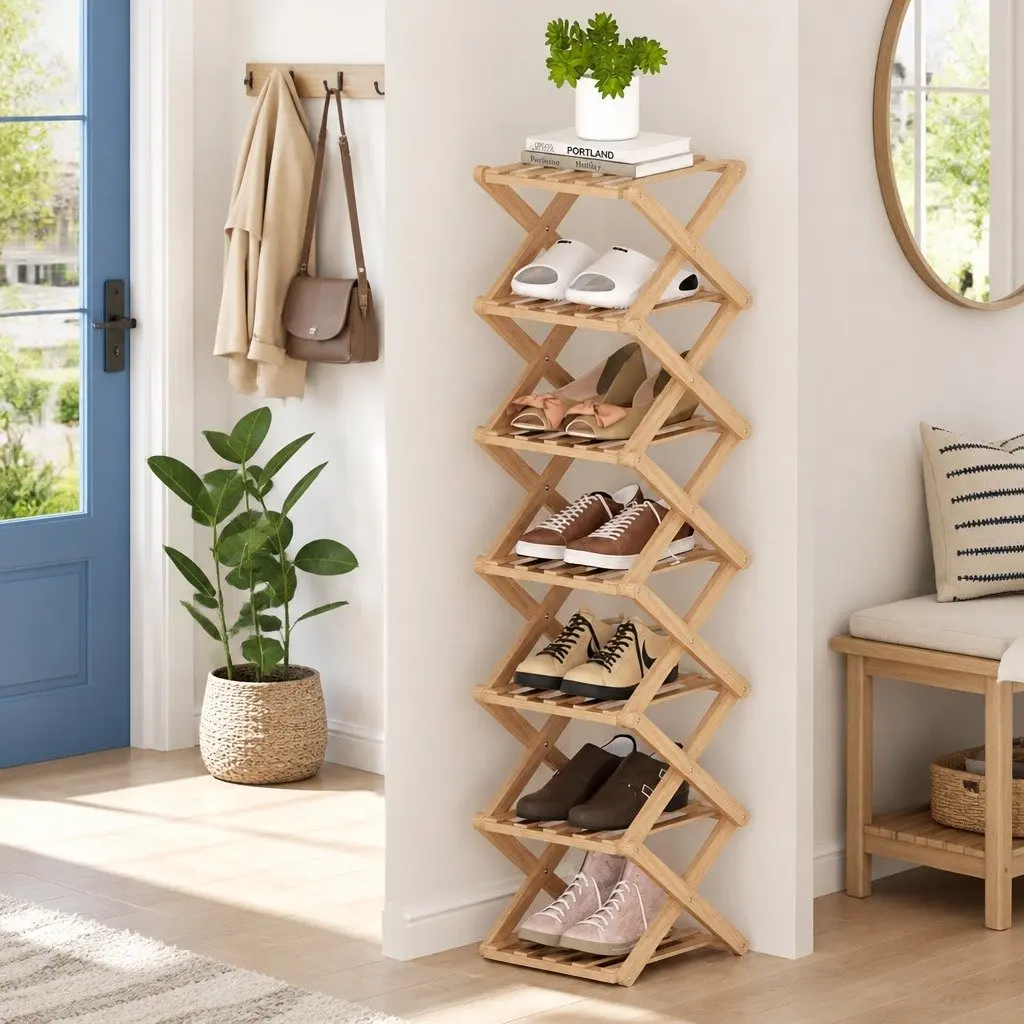 7 Tier Bamboo Foldable Shoe Rack Organizer Natural Entryway Storage