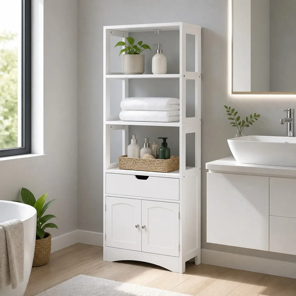 Bathroom Organizer Cabinet White with 2 Drawers 3 Shelves 2 Doors for Storage and Space Saving