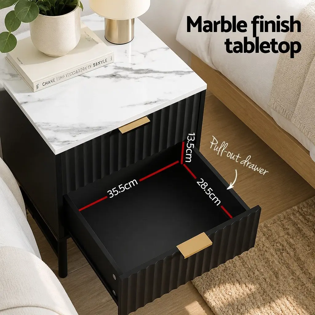 Bedside Table 2 Drawers Black White Bedroom Storage Nightstand
