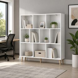 Stylish White Storage Bookshelf with Pine Legs