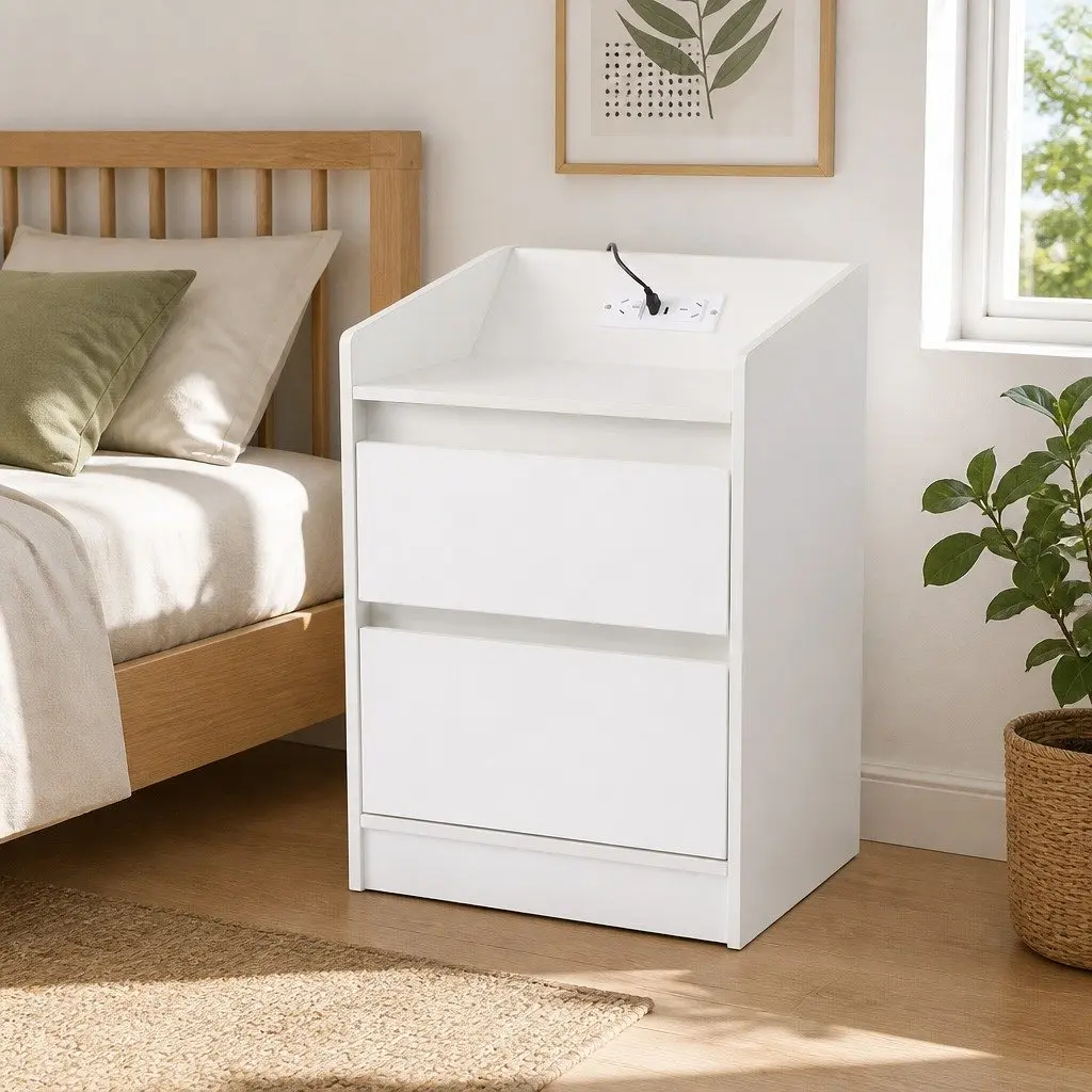 Bedside Table 40cm with 2 Drawers Charging Station RGB LED Lights White