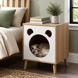 Cozy Cat Retreat Bedside Table in Modern Style with Pine Wood Legs