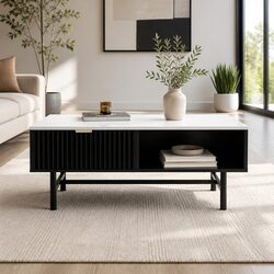 Coffee Table with Drawer Storage Shelf Open Compartments Black White Living Room