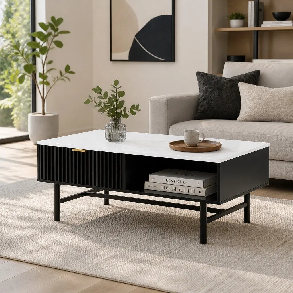 Coffee Table with Drawer and Open Shelf for Living Rooms