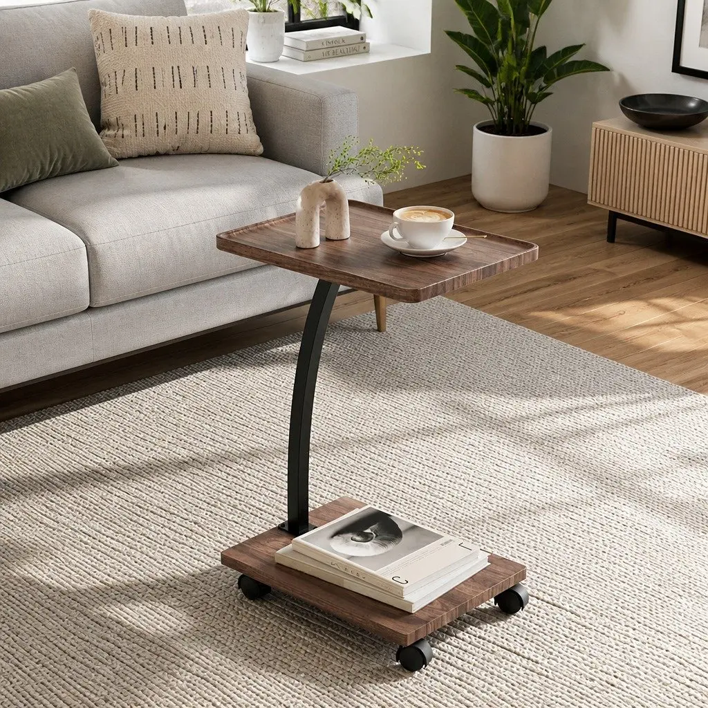 C Shaped Coffee Table Walnut Mobile Side Table with Wheels