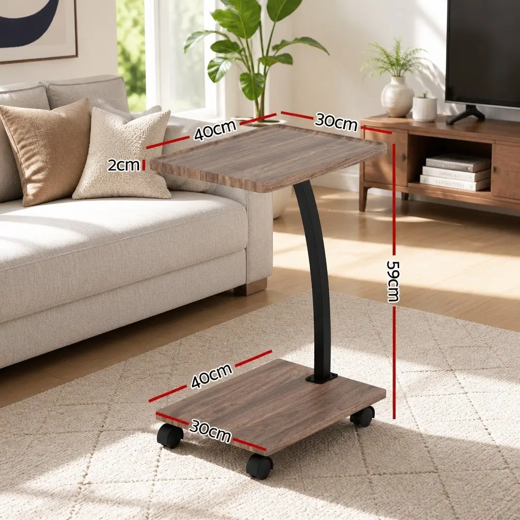C Shaped Coffee Table Walnut Mobile Side Table with Wheels