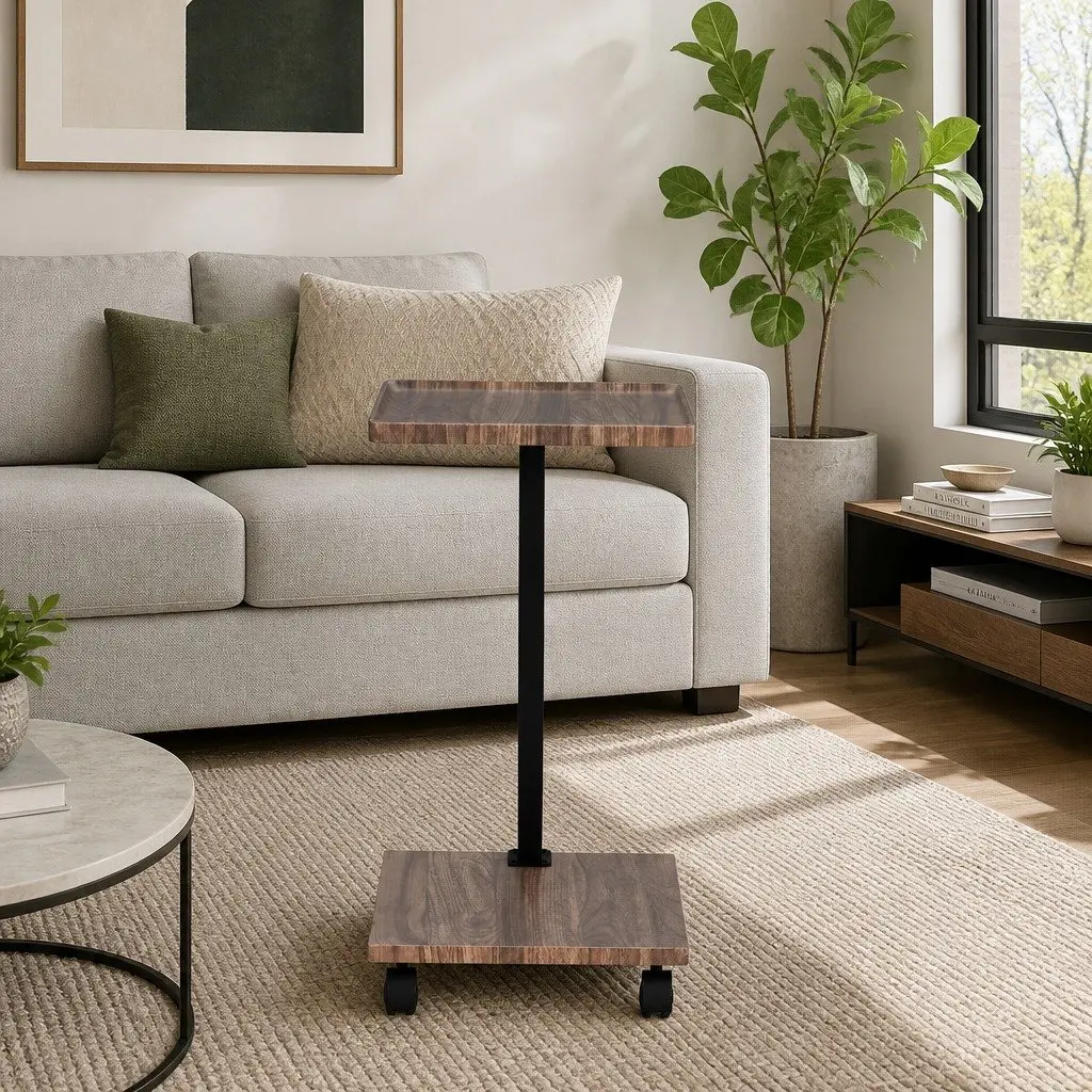 C Shaped Coffee Table Walnut Mobile Side Table with Wheels