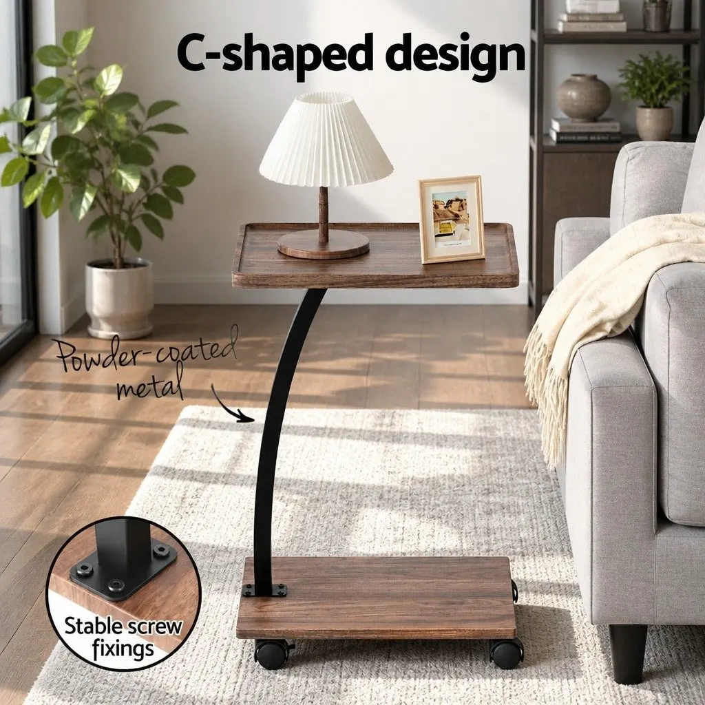 C Shaped Coffee Table Walnut Mobile Side Table with Wheels
