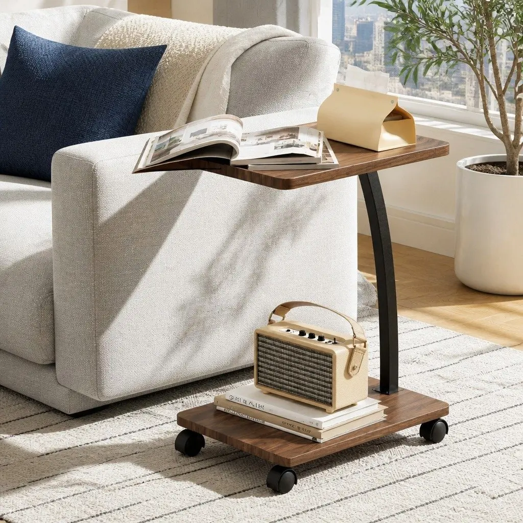 C Shaped Coffee Table Walnut Mobile Side Table with Wheels