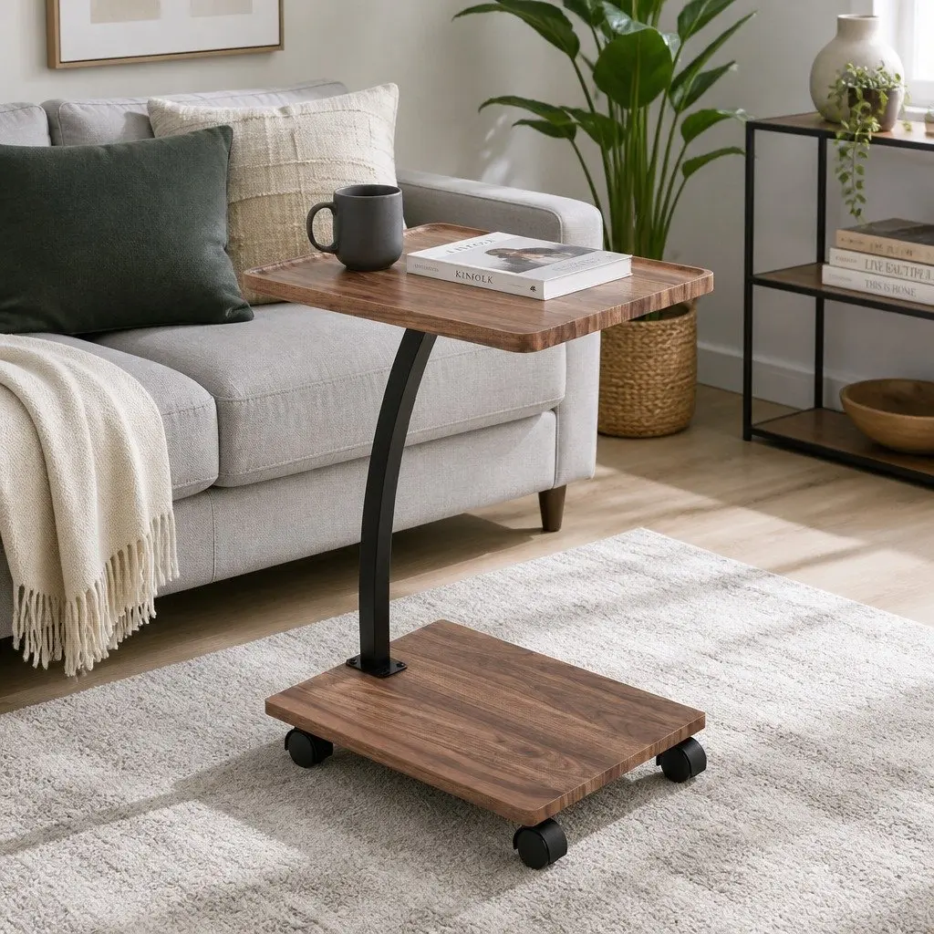 C Shaped Coffee Table Walnut Mobile Side Table with Wheels