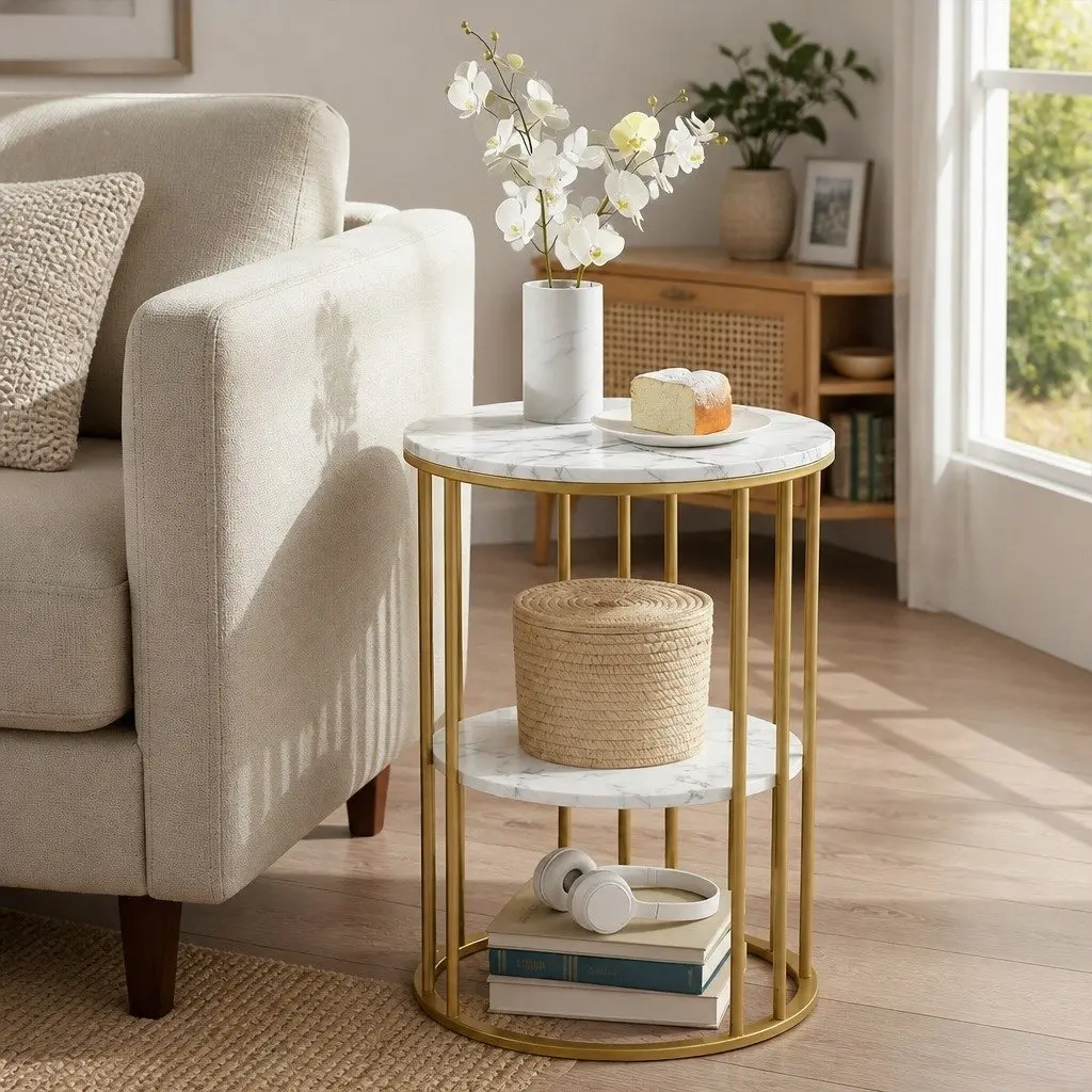 Round Coffee Table 2-Tier Metal Frame Marble Effect White Gold 40cm Width 54cm Height Living Room Storage