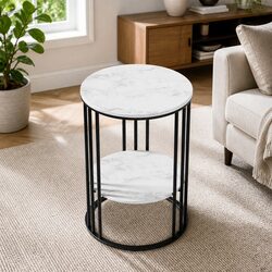 Coffee Table 2-Tier Round Marble Effect Beige Living Room Storage Furniture