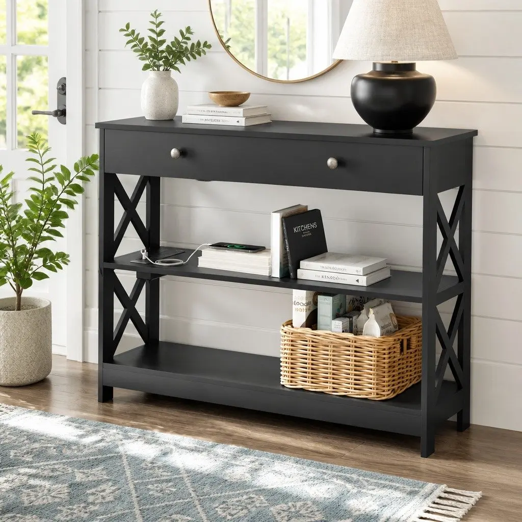 Console Table 3-Tier Storage with USB Outlets Black