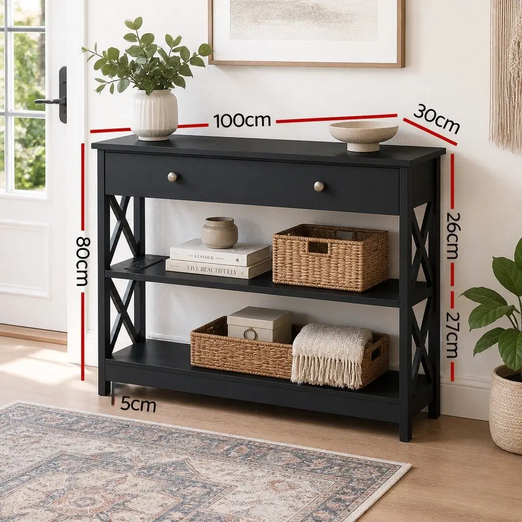 Console Table 3-Tier Storage with USB Outlets Black