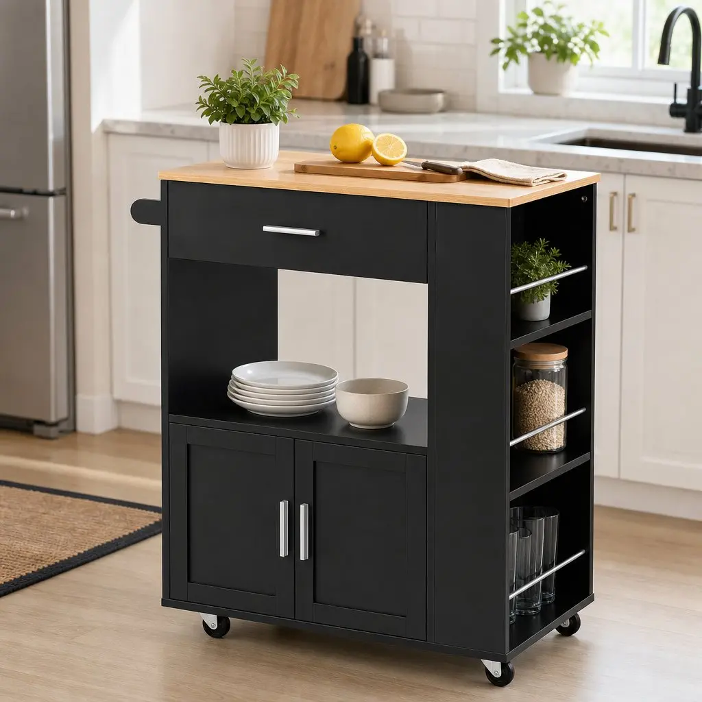 Kitchen Island Trolley Rolling Serving Cart with Storage Drawer and 3-Tier Spice Rack